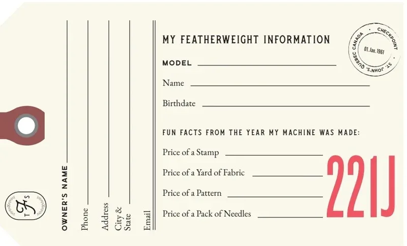 221J (TAN) Luggage & I.D. Tag for Singer Featherweight