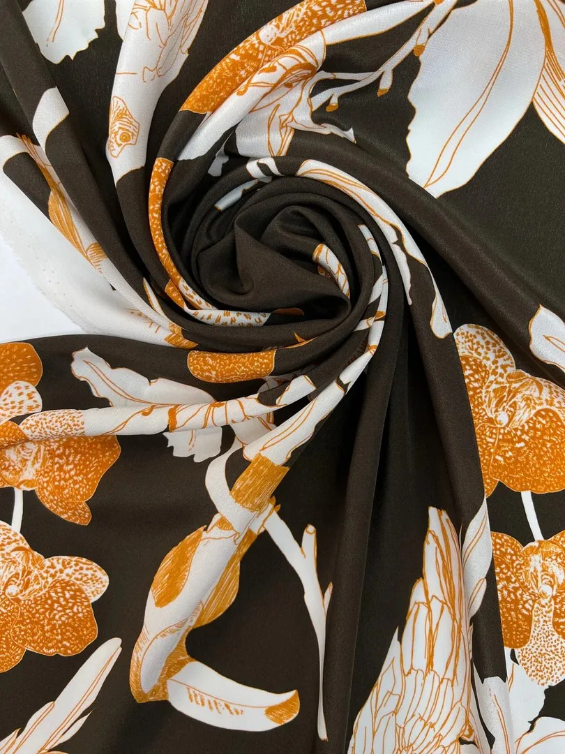 Printed Brown Orange Silk Crepe