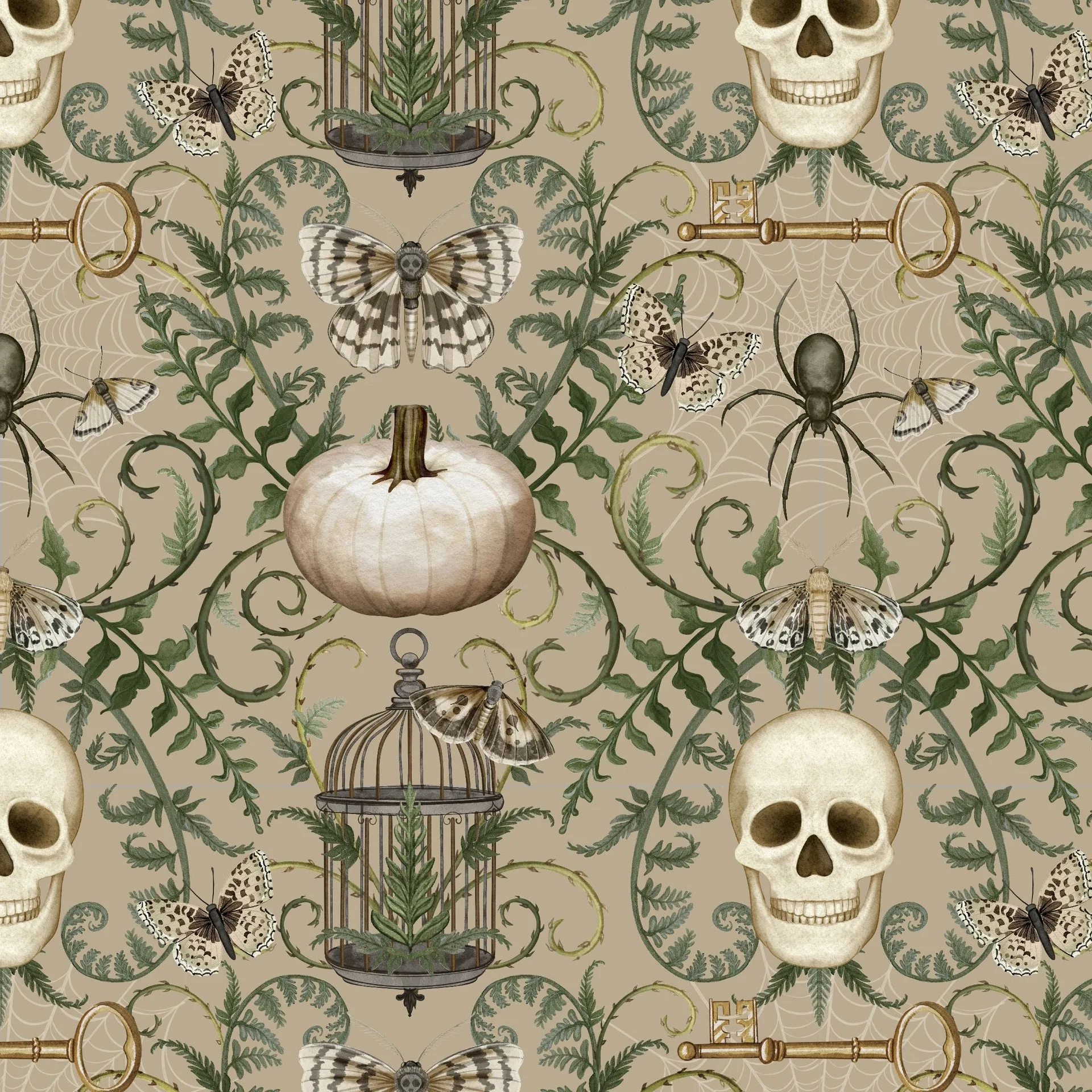 Damask - Tan - Dark Academia - White Owl Textiles