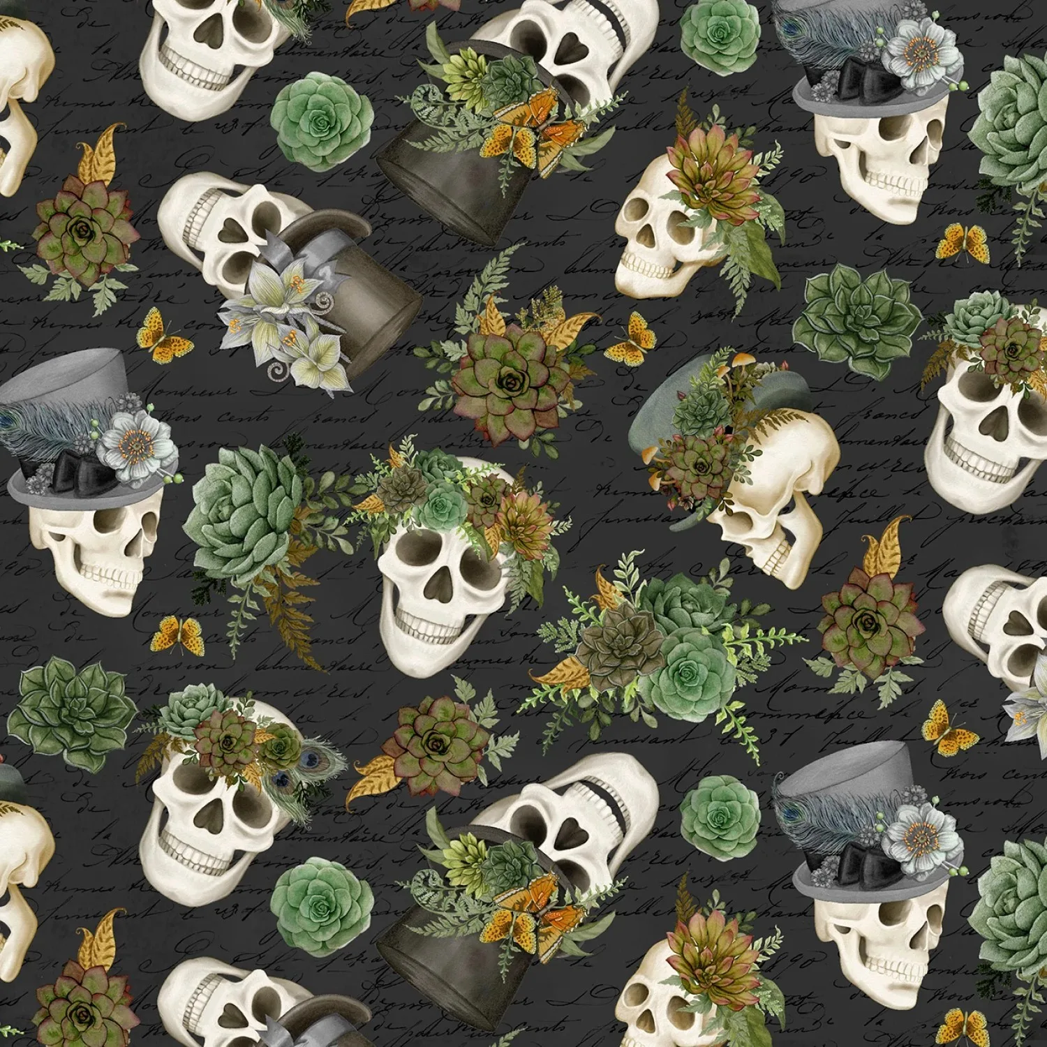 Skulls and Hats - Black - Dark Academia - White Owl Textiles