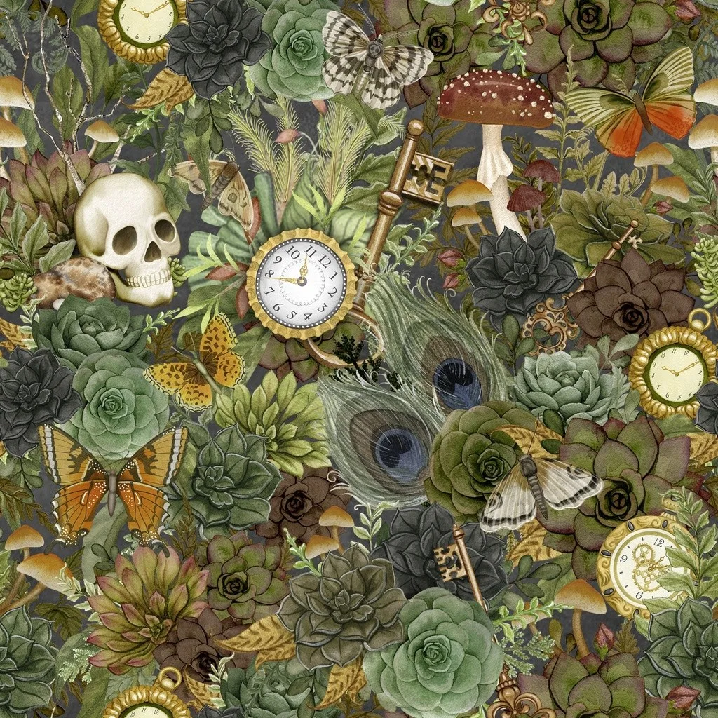 Packed Succulents - Multi - Dark Academia - White Owl Textiles